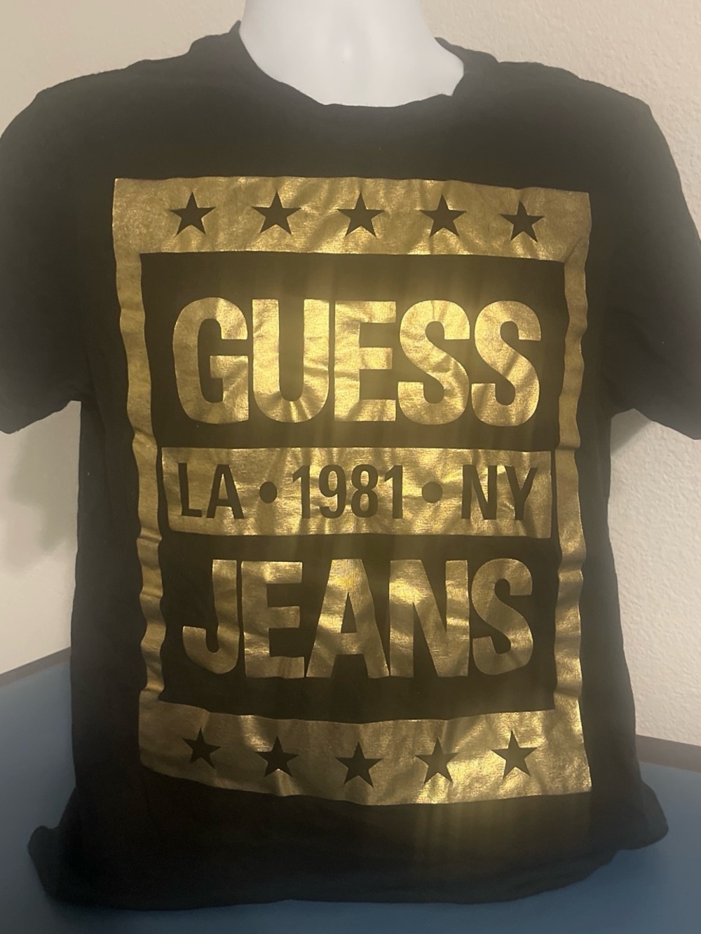 GUESS Jeans Black Tee with Gold Logo Block